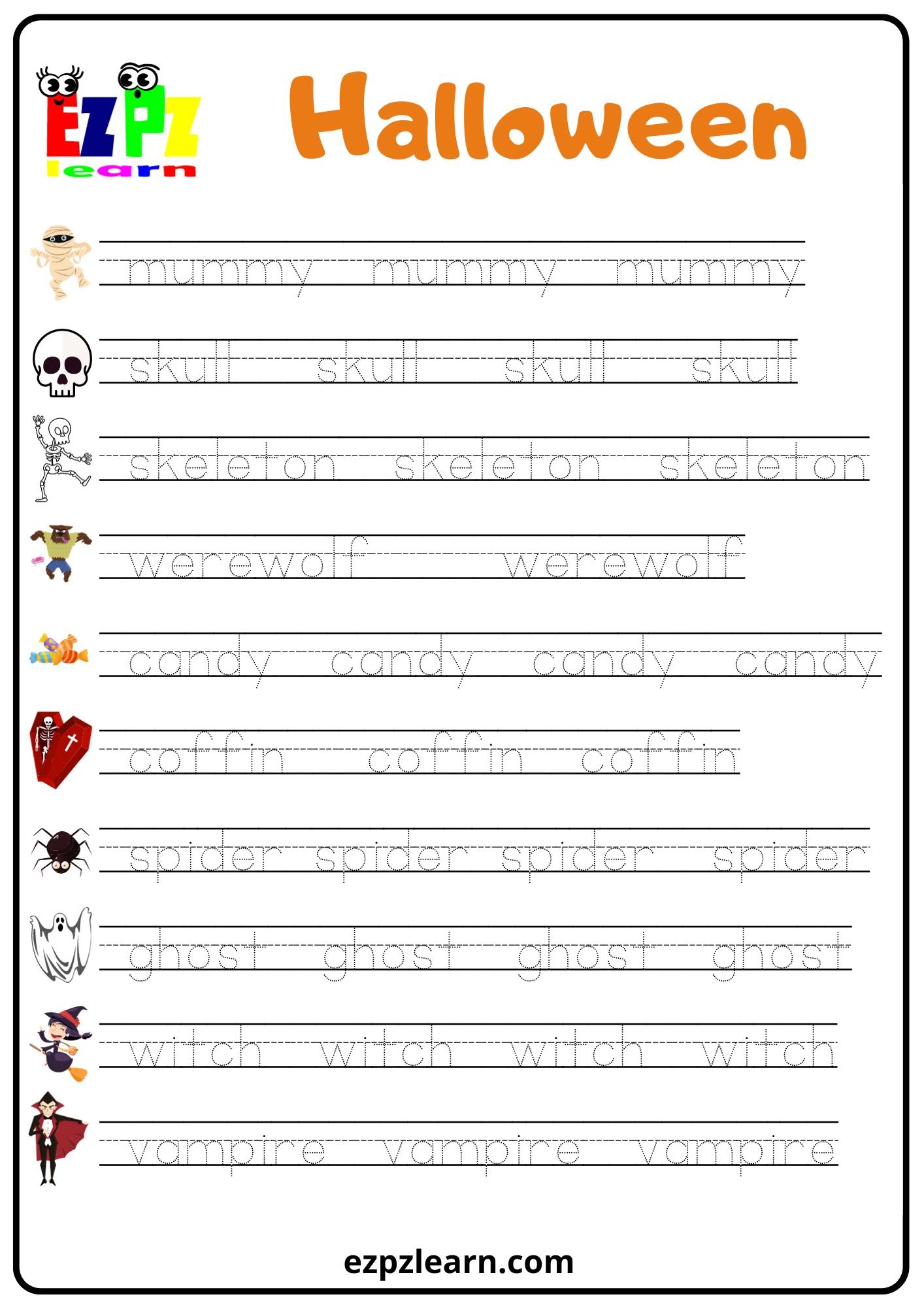 Halloween Word Tracing Worksheet For English Language Learners 