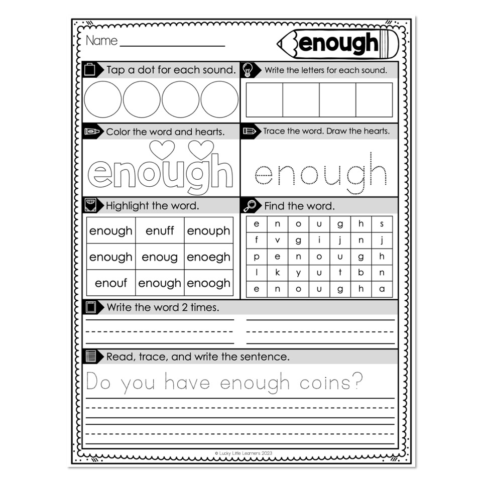 Heart Word Worksheets Sight Words Enough Lucky Little Learners Heart Word Worksheets Sight Words Enough Lucky Little Learners