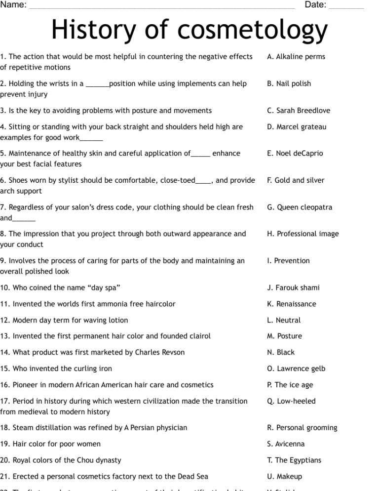 History Of Cosmetology Worksheet WordMint