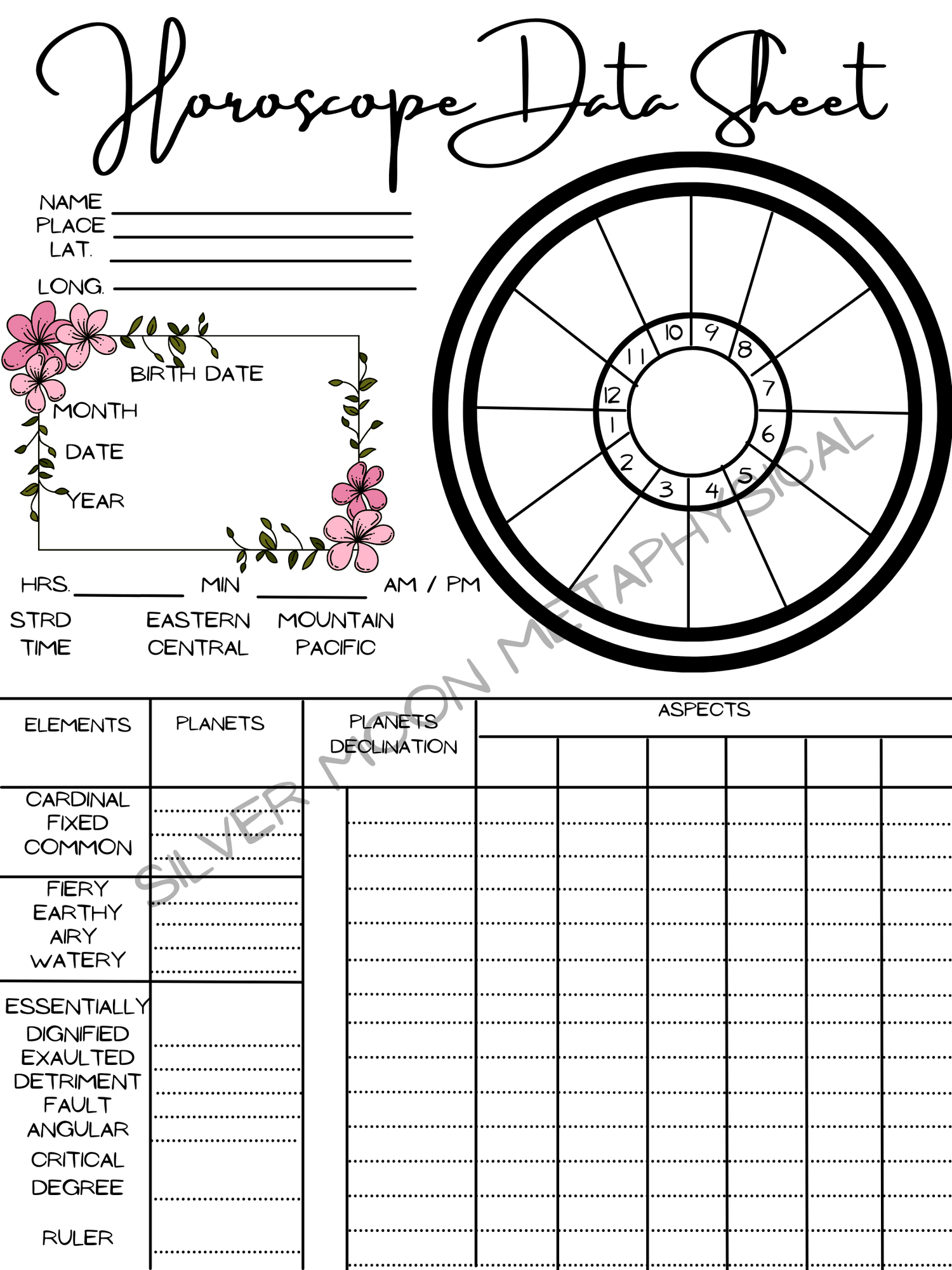 Horoscope Data Worksheet For Book Of Shadows Grimoire Silver 