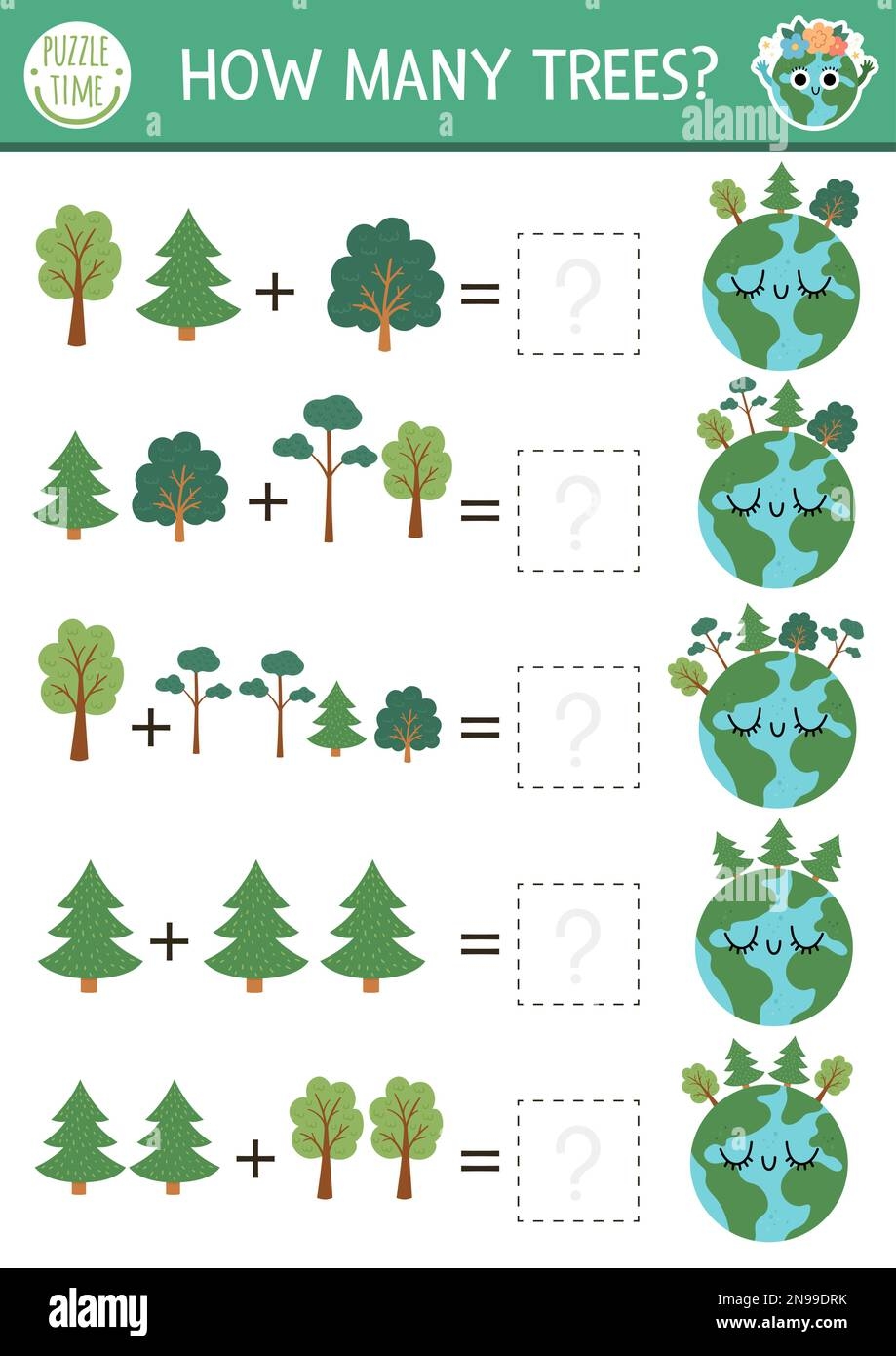 How Many Trees Game With Cute Planet Ecological Math Addition 