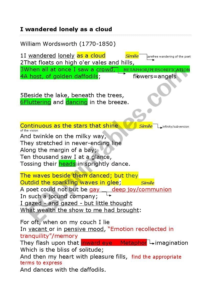 I Wandered Lonely As A Cloud Reading Comprehension ESL Worksheet By Catuzza I Wandered Lonely As A Cloud Reading Comprehension ESL Worksheet By Catuzza
