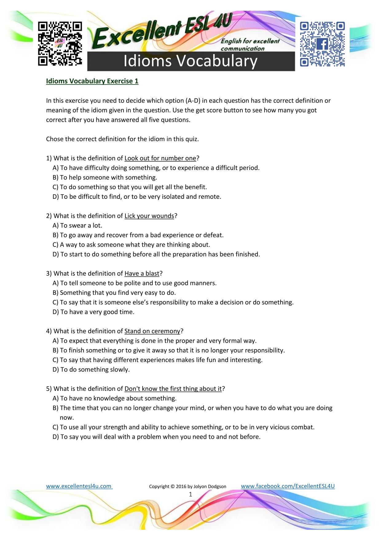 Idioms Worksheets Idioms Worksheets