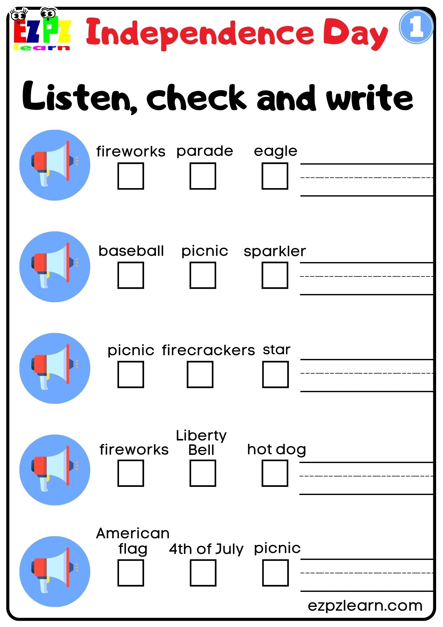 Independence Day Vocabulary Interactive Worksheet Listen Check And Write Activity For K5 Students Parents And Teachers Free G1 Ezpzlearn