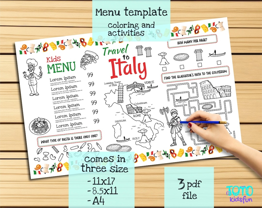 Italian Menu Template For Kids Italian Restaurant Menu With A Map Of Italy And Attractions Activity Sheet For Children Etsy