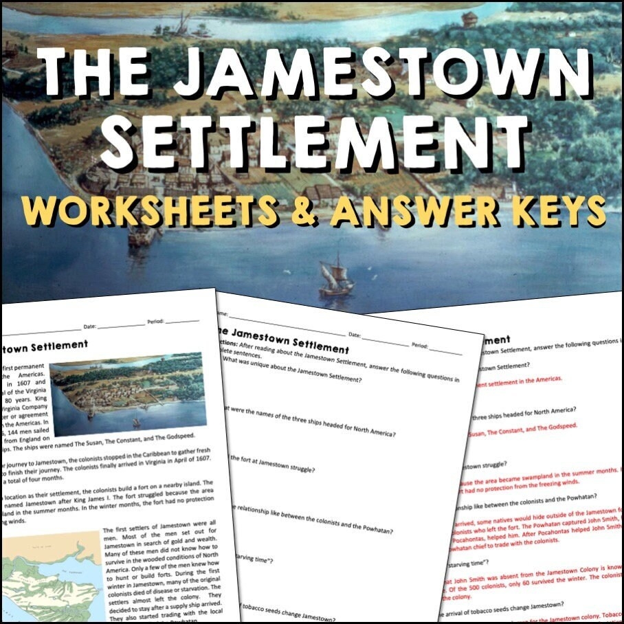 Jamestown Settlement Reading Worksheets And Answer Keys 6 12 Homeschool American History Printable Worksheets Colonial America Etsy