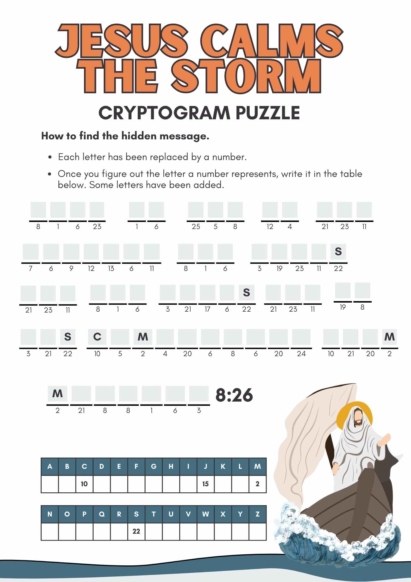 Jesus Calms The Storm Cryptogram Puzzle Printable Download Free Bible Worksheets