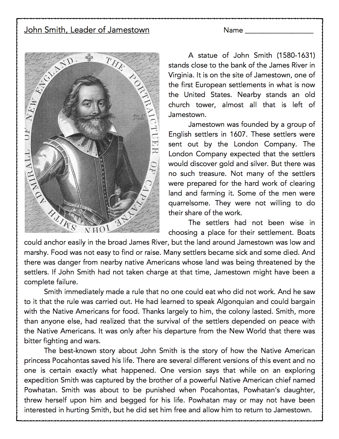 John Smith Leader Of Jamestown Reading Comprehension Passage And Assessment Classful