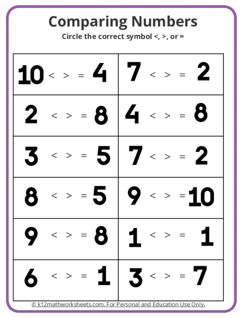 Free Comparing Numbers Worksheet Kindergarten