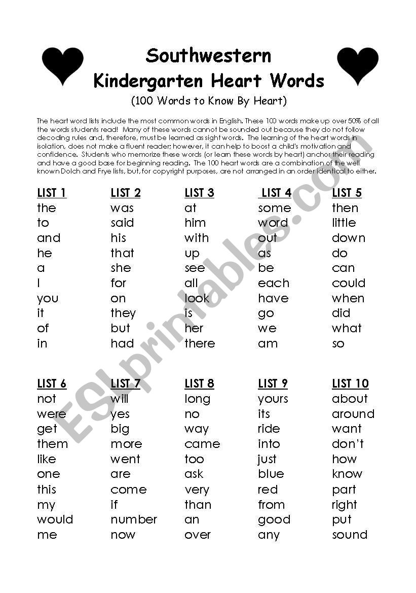 Kindergarten Heart Words ESL Worksheet By Sdattilo Kindergarten Heart Words ESL Worksheet By Sdattilo