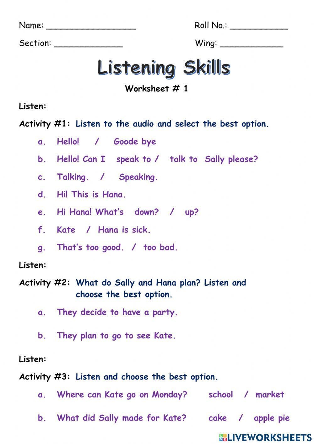 Listening Skills Exercise For Grade 3 Elementary Live Worksheets 