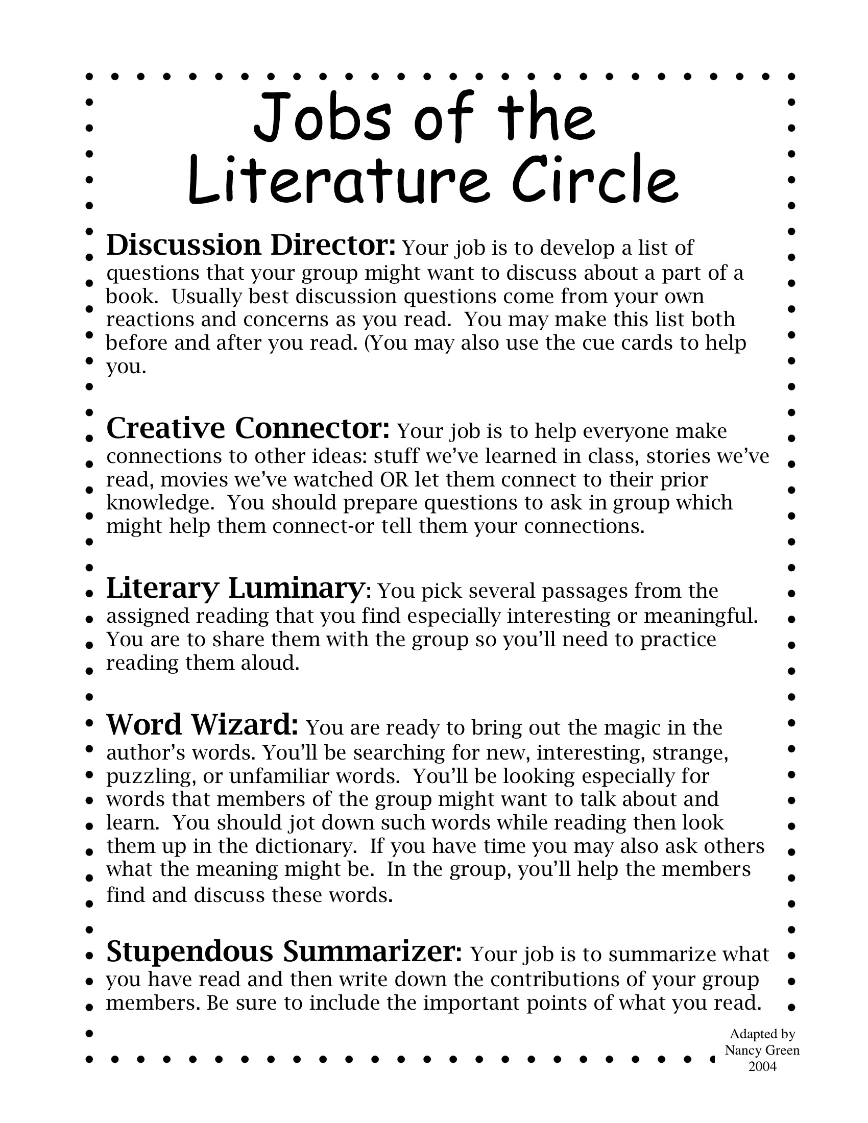 Literature Circle Role Writing Worksheet Worksheet Worksheet Worksheets Library