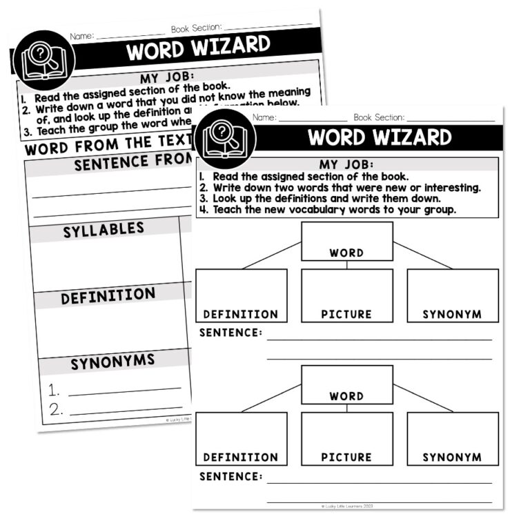 Literature Circles Word Wizard Materials Lucky Little Learners