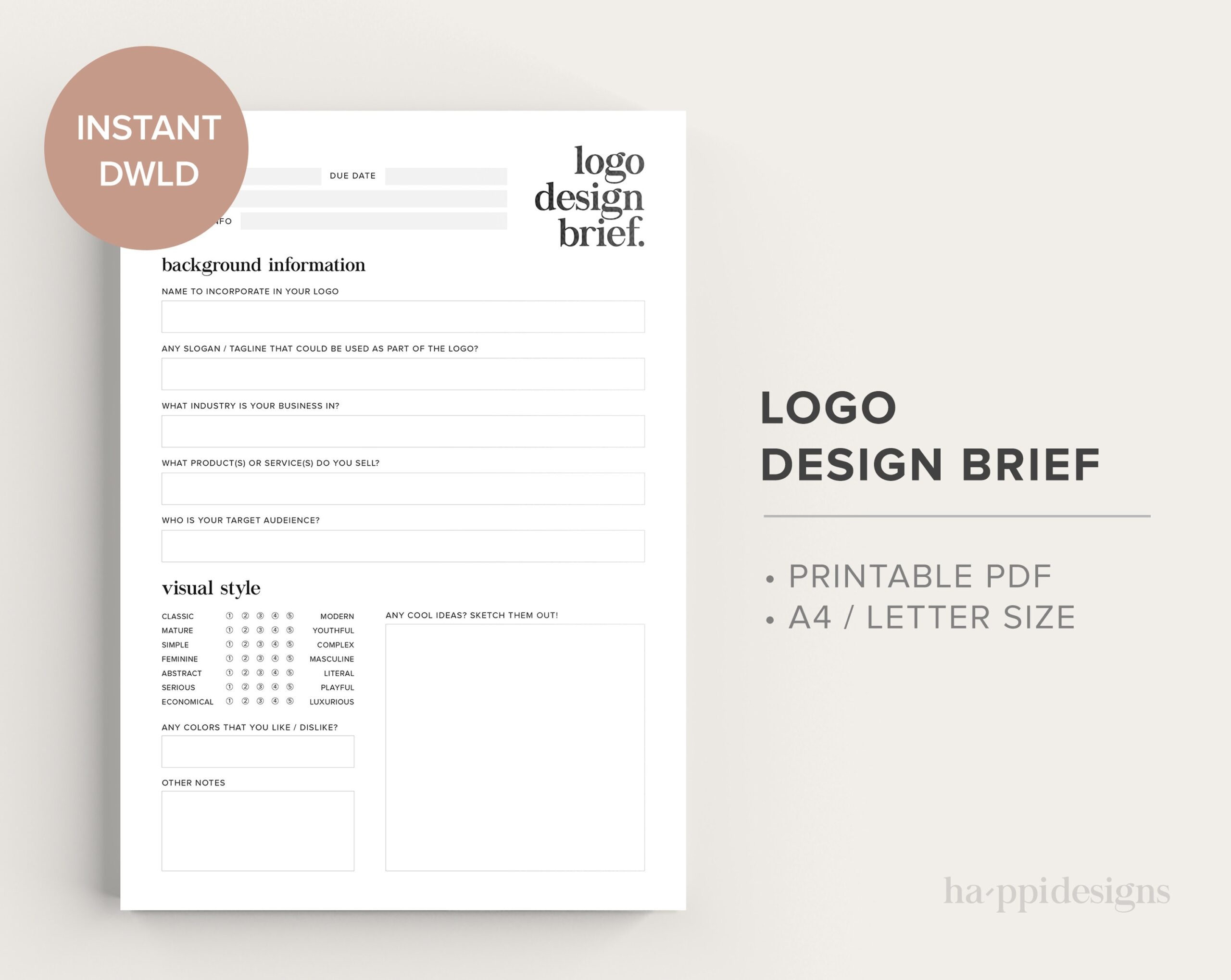 Logo Design Brief Printable PDF A4 U0026 Letter Size Creative Brief Client Questionnaire Instant Download Etsy