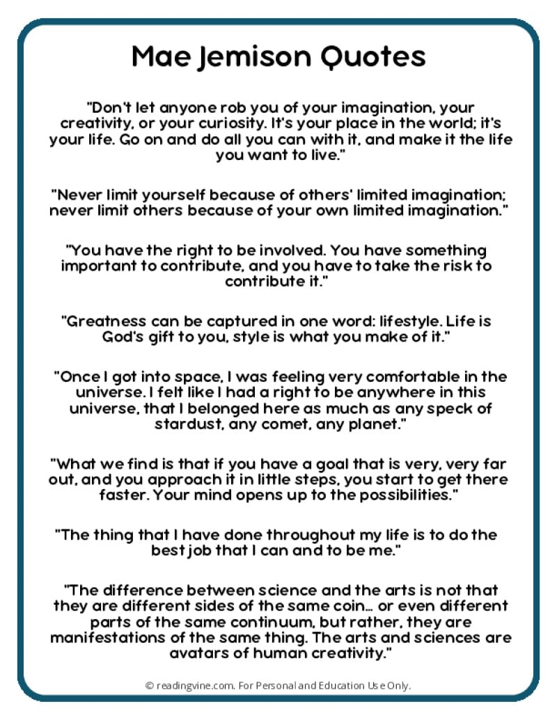 Free Printable Mae Jemison Worksheet
