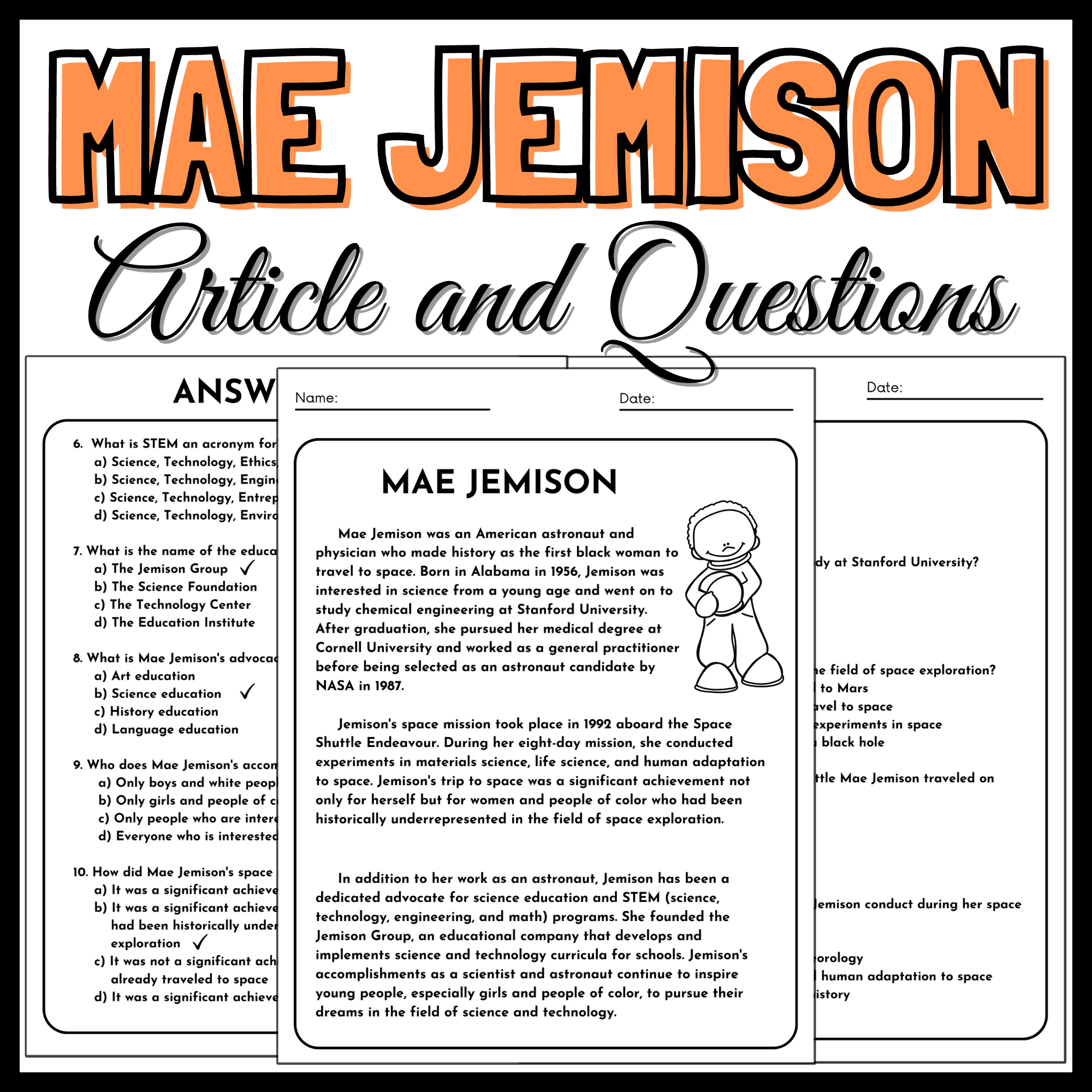 Mae Jemison Reading Comprehension Article And Questions Passages Made By Teachers Mae Jemison Reading Comprehension Article And Questions Passages Made By Teachers