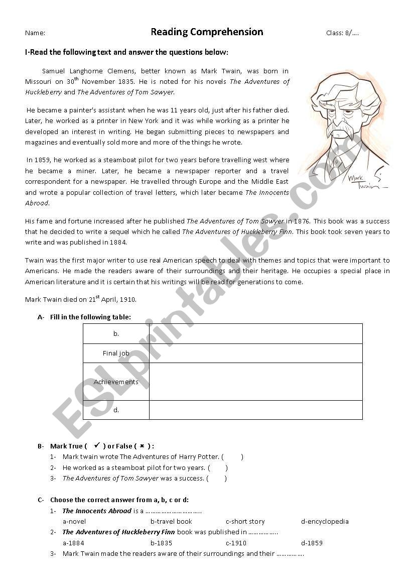 Mark Twain ESL Worksheet By Girlish Mark Twain ESL Worksheet By Girlish