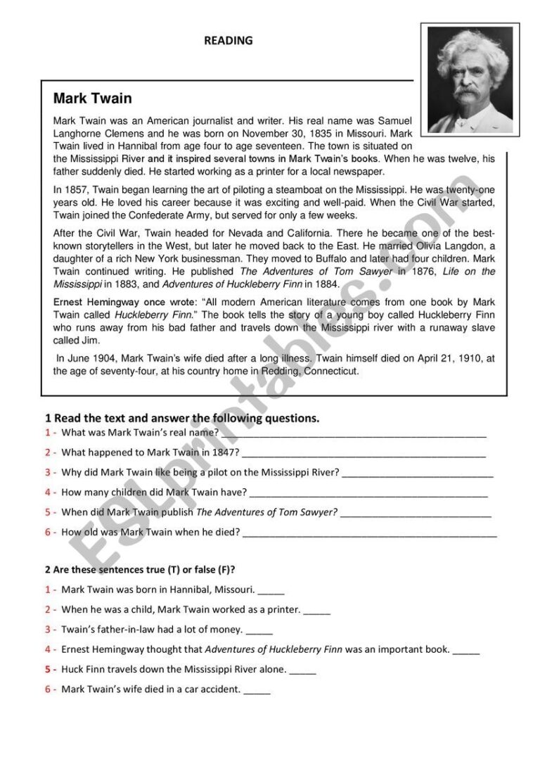 Mark Twain Written Comprehension ESL Worksheet By Kti59