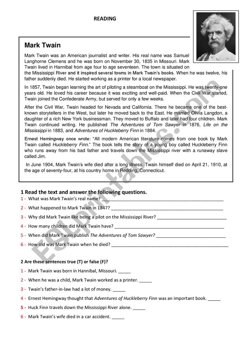 Mark Twain Written Comprehension ESL Worksheet By Kti59 Mark Twain Written Comprehension ESL Worksheet By Kti59