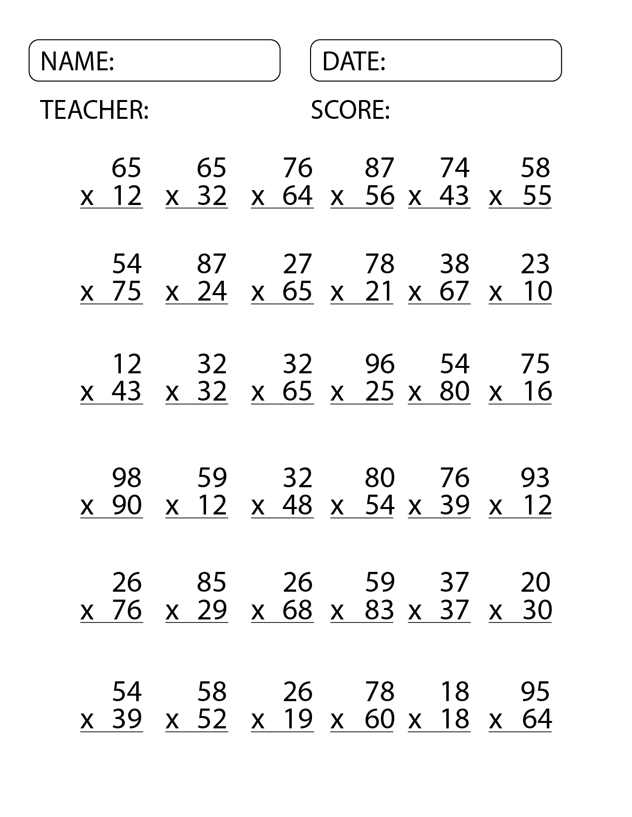 Free Printable 2-Digit Multiplication Worksheets Free Printable 2-Digit Multiplication Worksheets