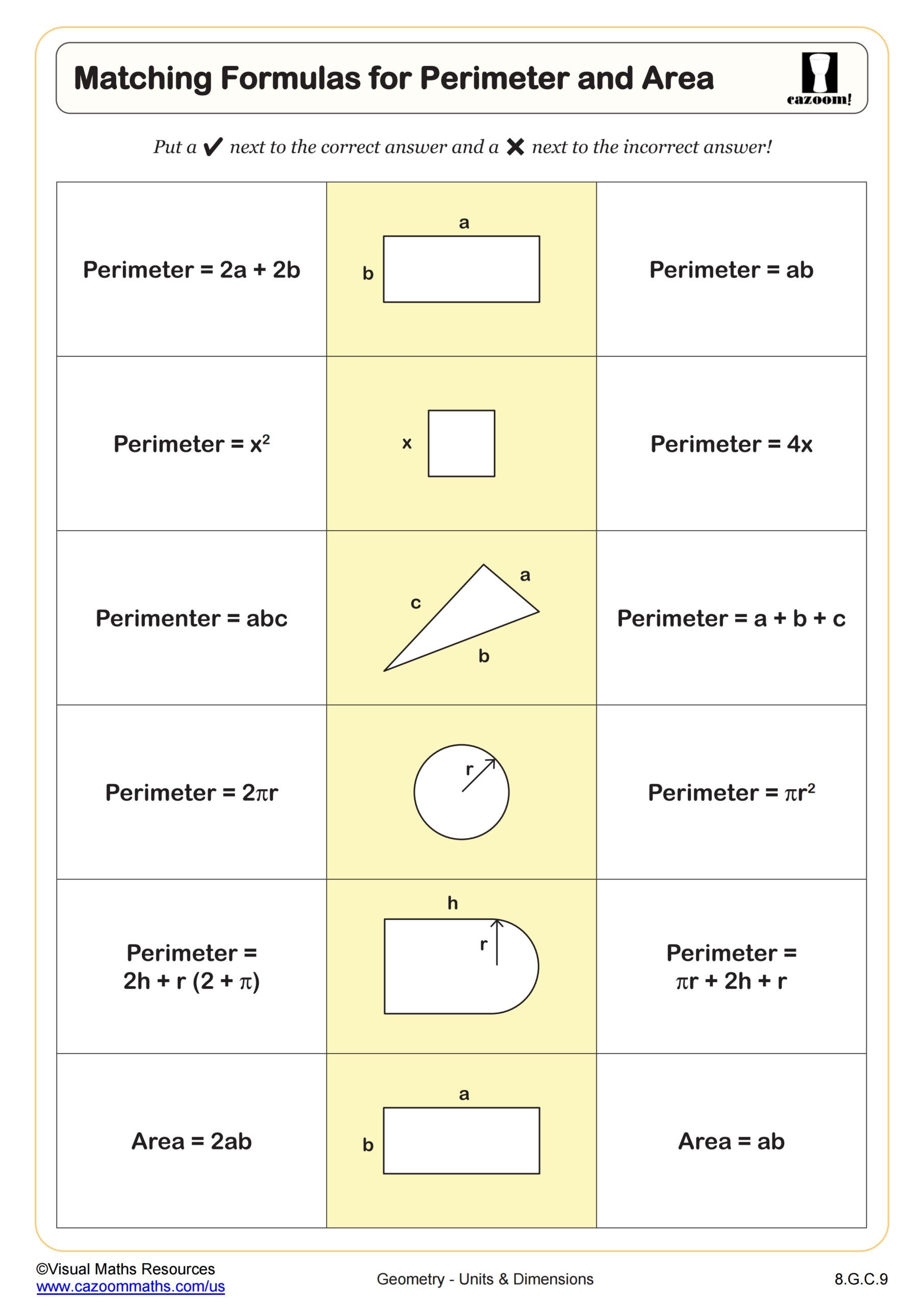 Matching Formulas For Perimeter And Area Worksheet PDF Printable 