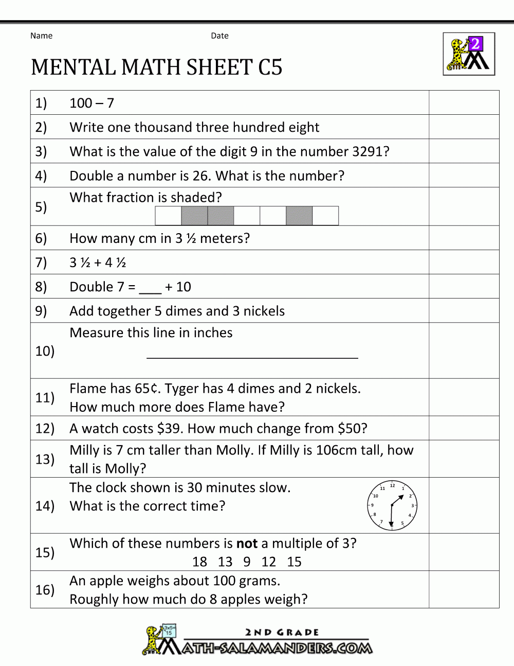 Mental Math Worksheet 2nd Grade Mental Math Worksheet 2nd Grade