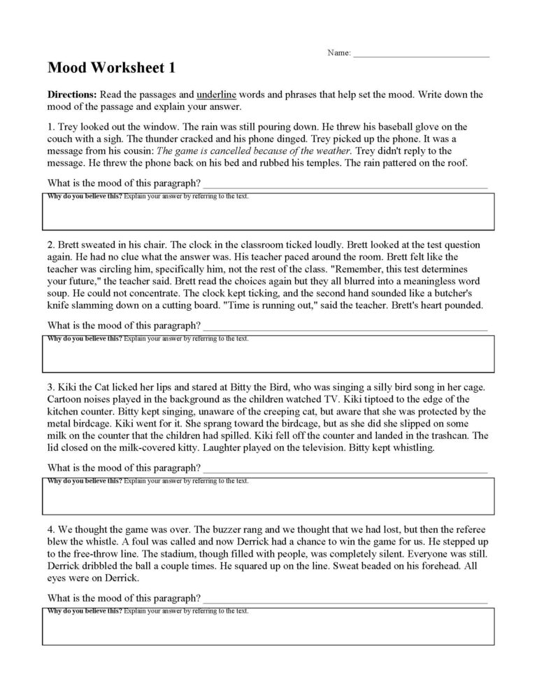 Mood Worksheets Reading Comprehension Activities