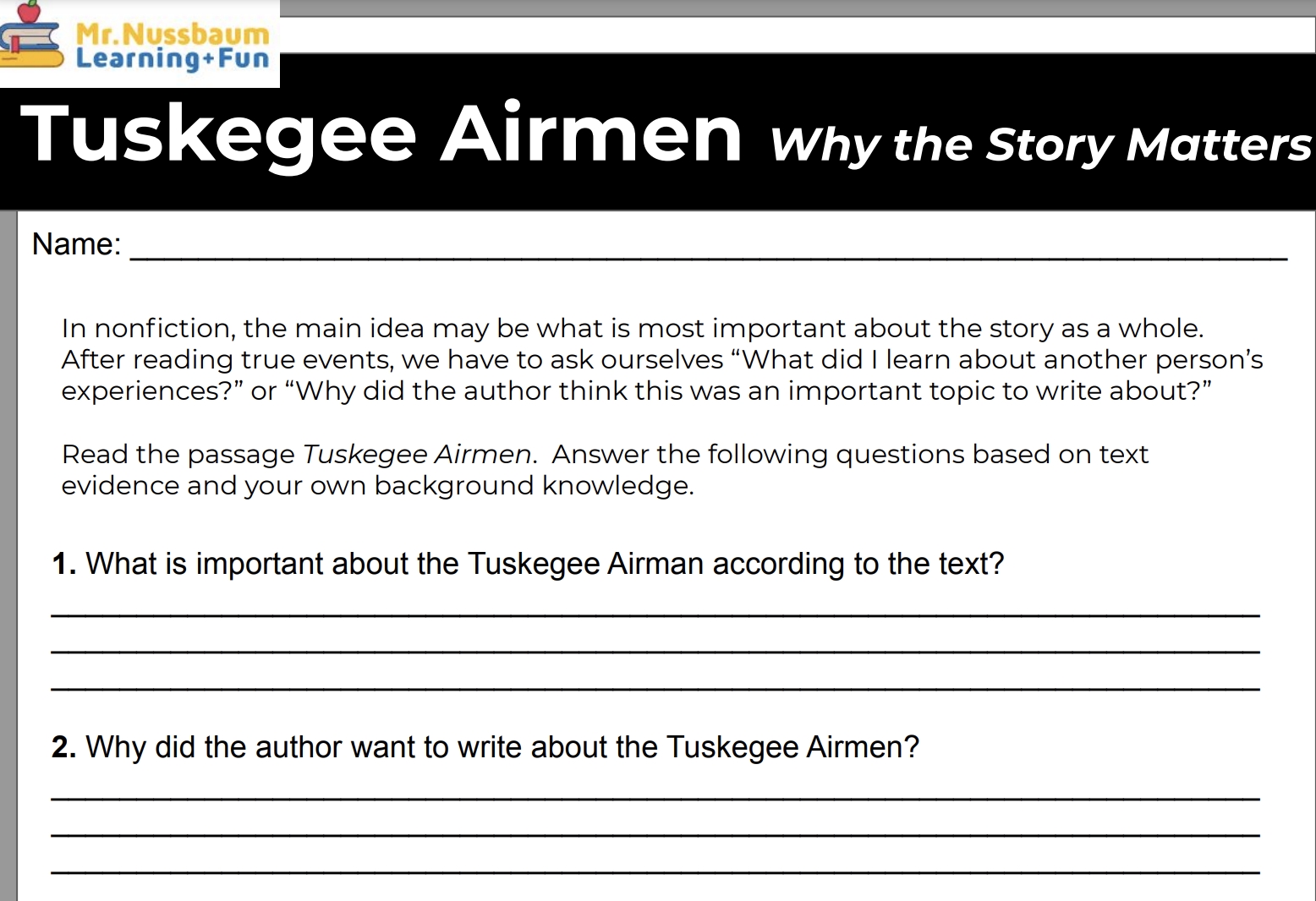 Tuskegee Airmen Reading Comprehension Worksheet