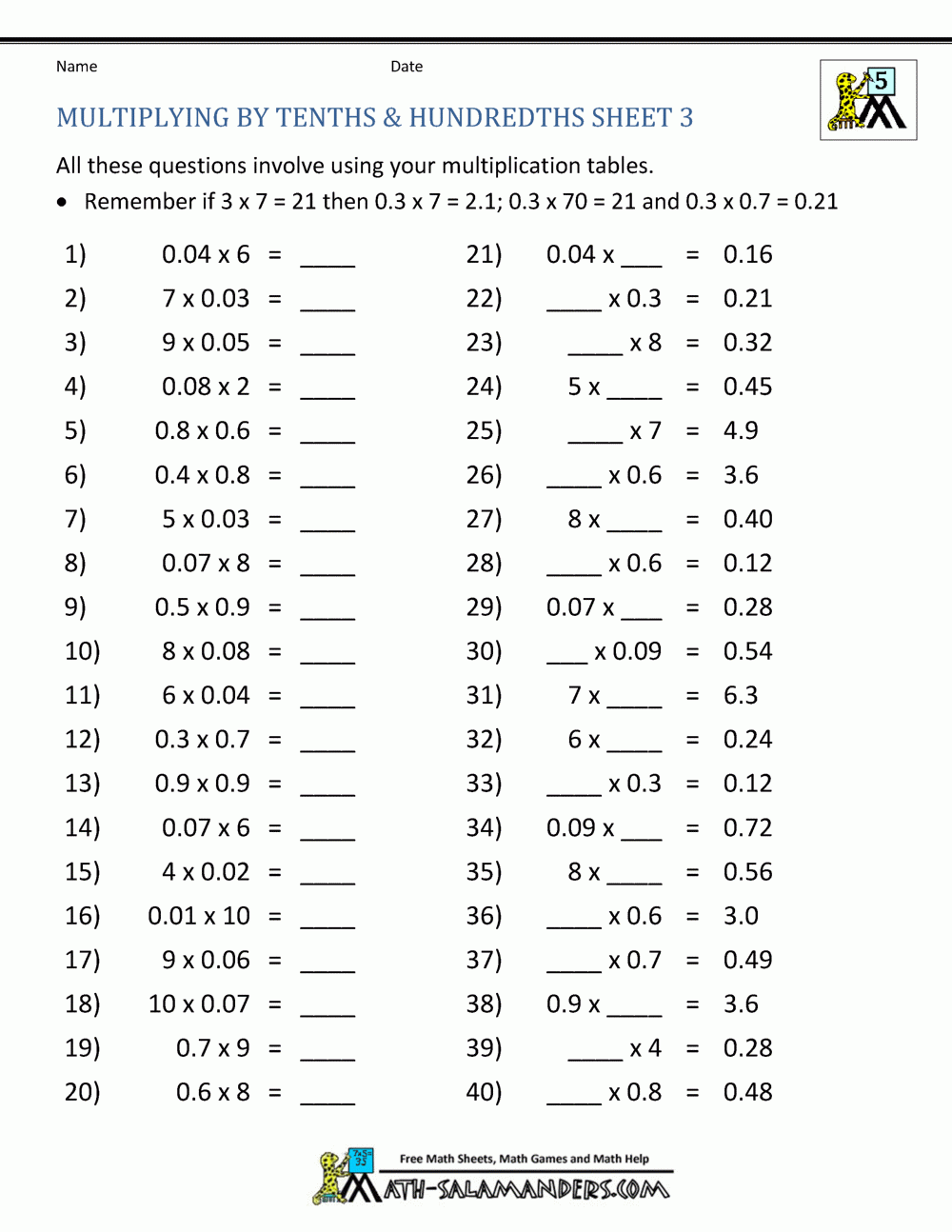 Multiplying Decimals By Whole Numbers Multiplying Decimals By Whole Numbers