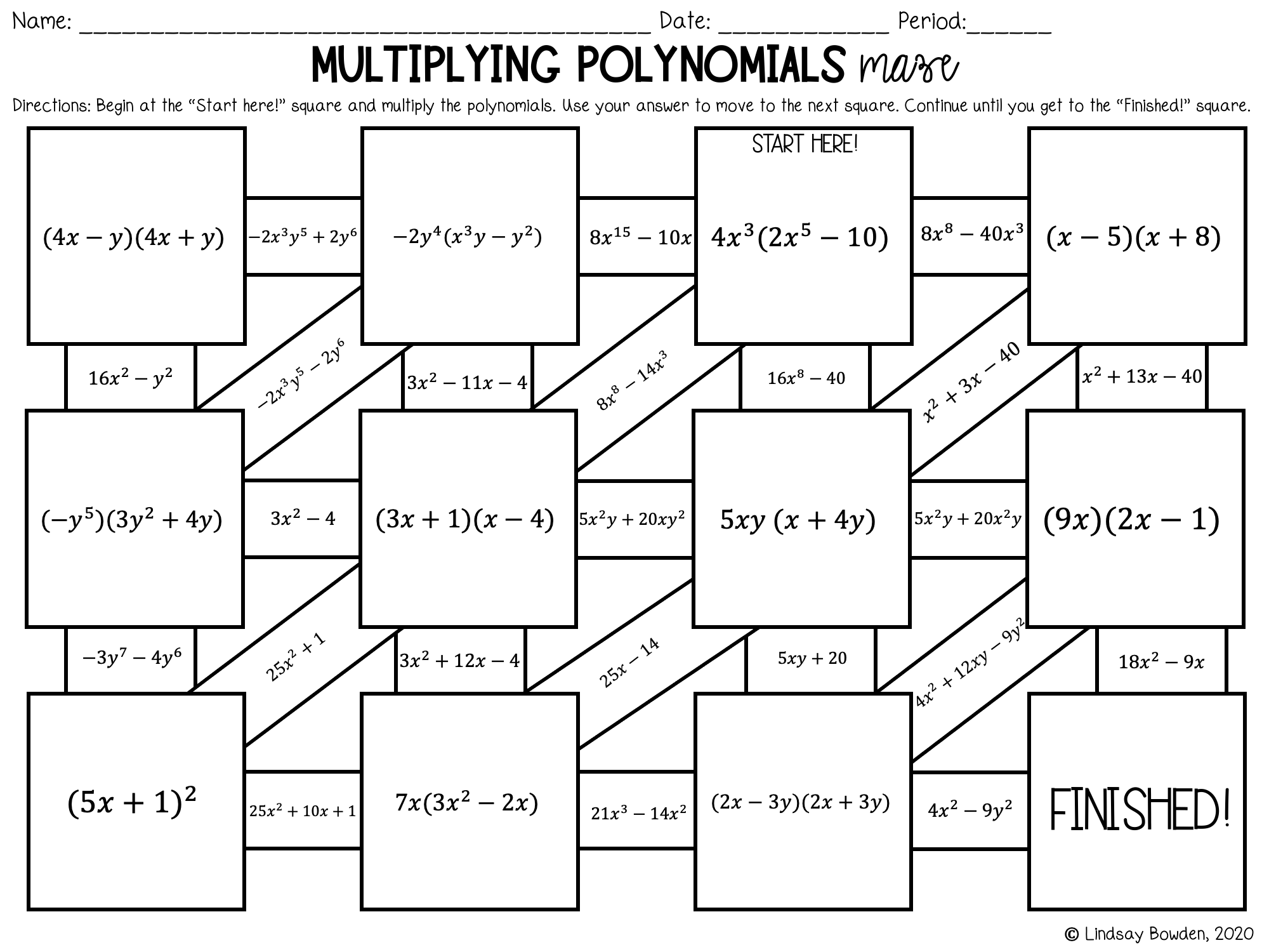 Multiplying Polynomials Digital Maze Lindsay Bowden Worksheets 