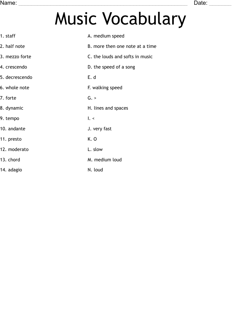 Music Vocabulary Worksheet WordMint Music Vocabulary Worksheet WordMint