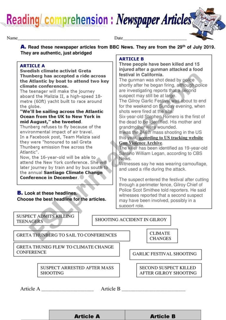 Newspaper Articles Reading Comprehension Activity ESL Worksheet