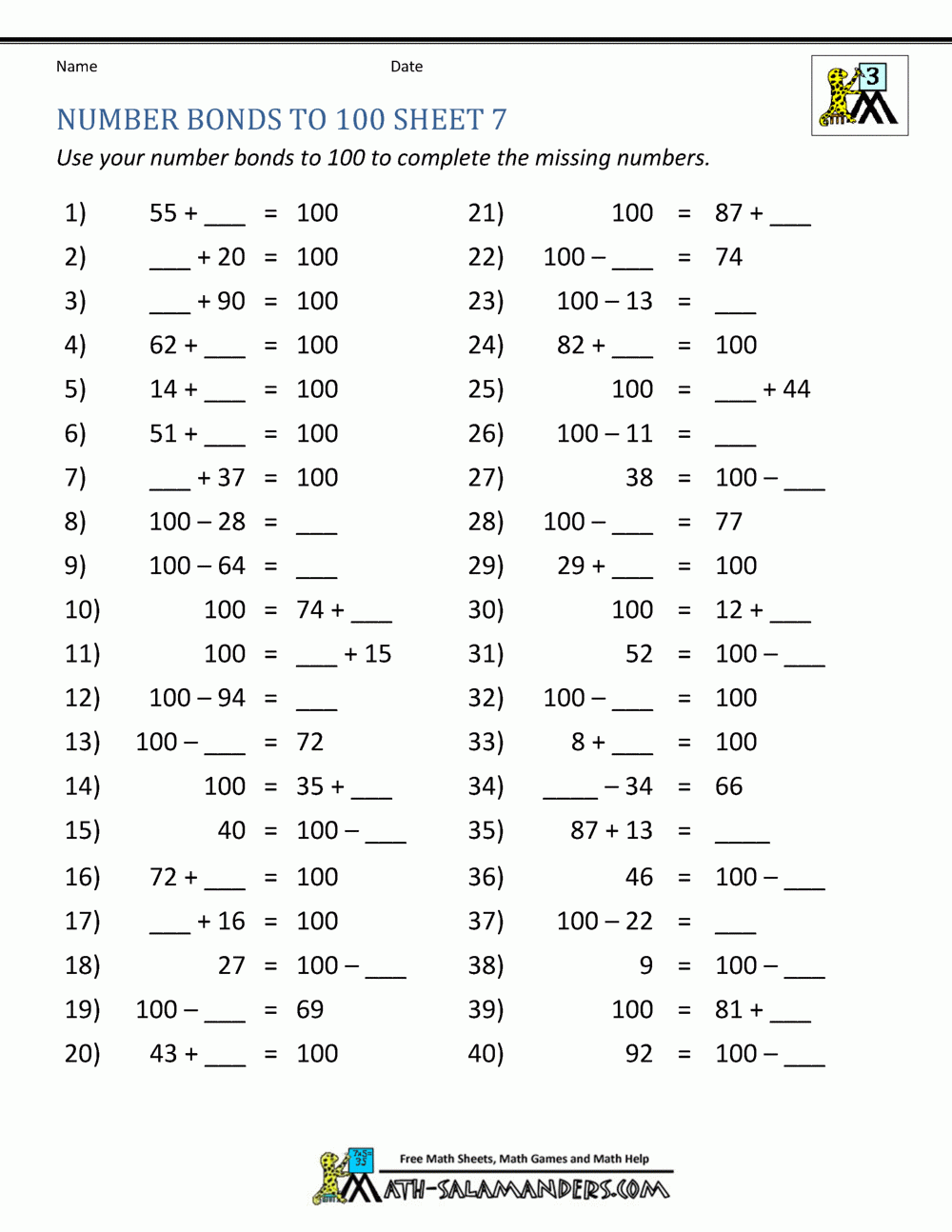 Number Bonds Worksheets To 100 Number Bonds Worksheets To 100
