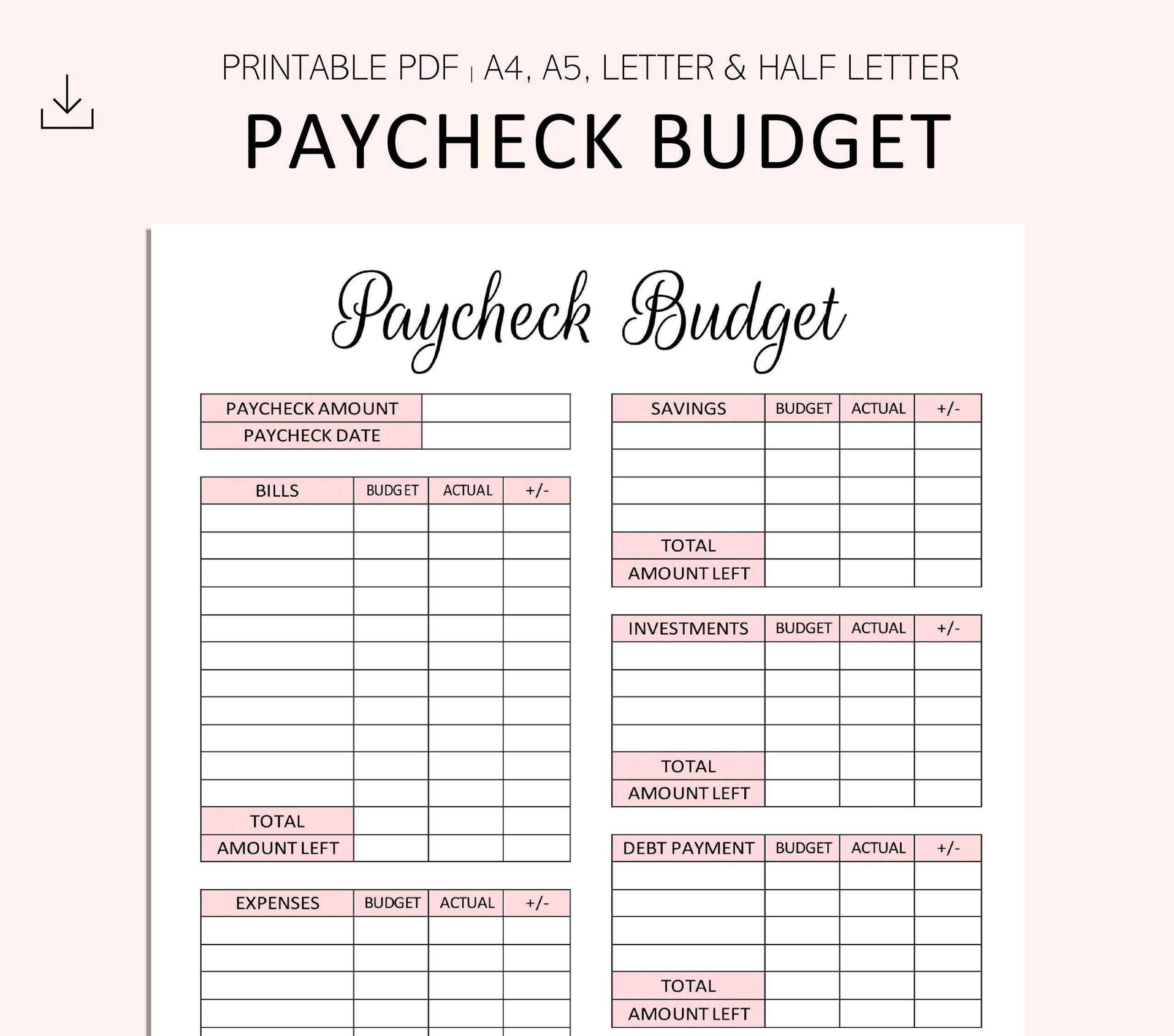 Paycheck Budget Printable PDF A4 A5 Letter Half Letter Paycheck Budget Printable PDF A4 A5 Letter Half Letter