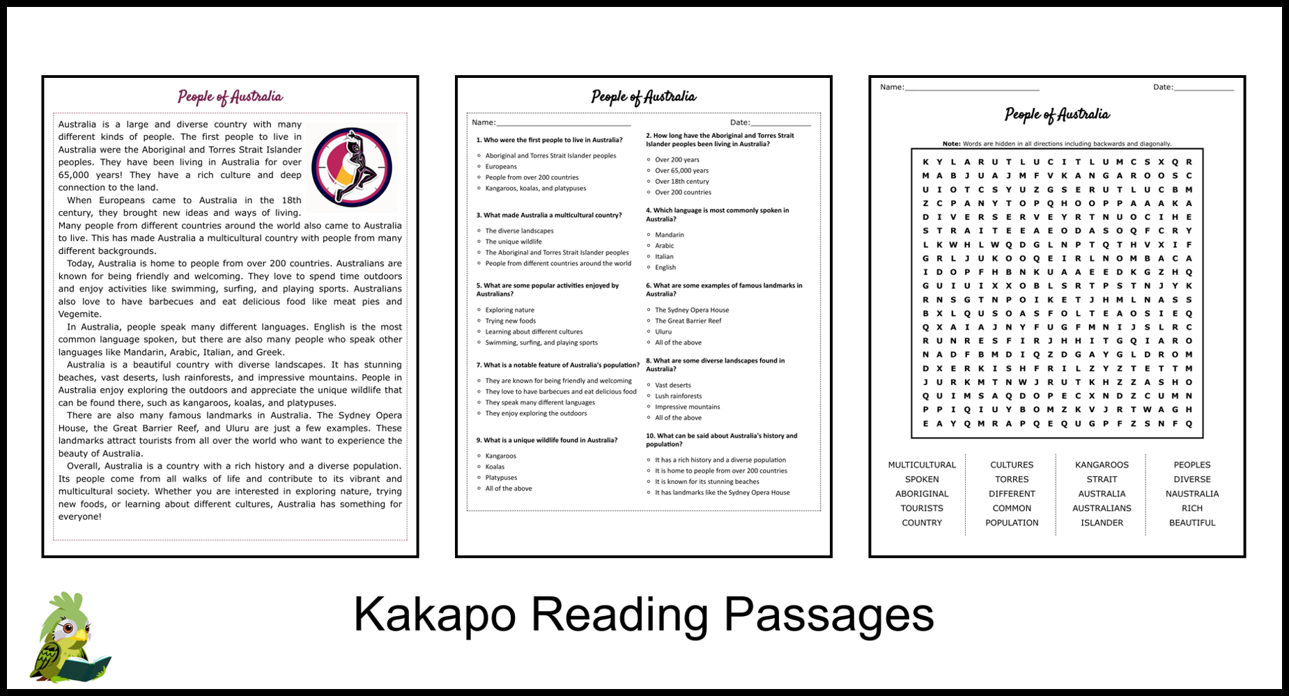 People Of Australia Reading Comprehension And Word Search Teaching Resources People Of Australia Reading Comprehension And Word Search Teaching Resources