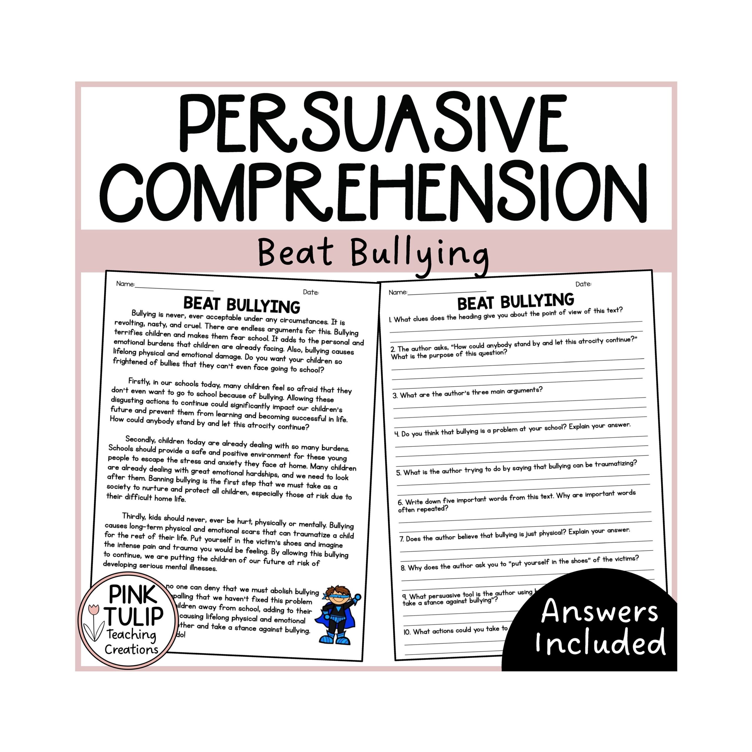 Persuasive Writing Comprehension Beat Bullying Etsy