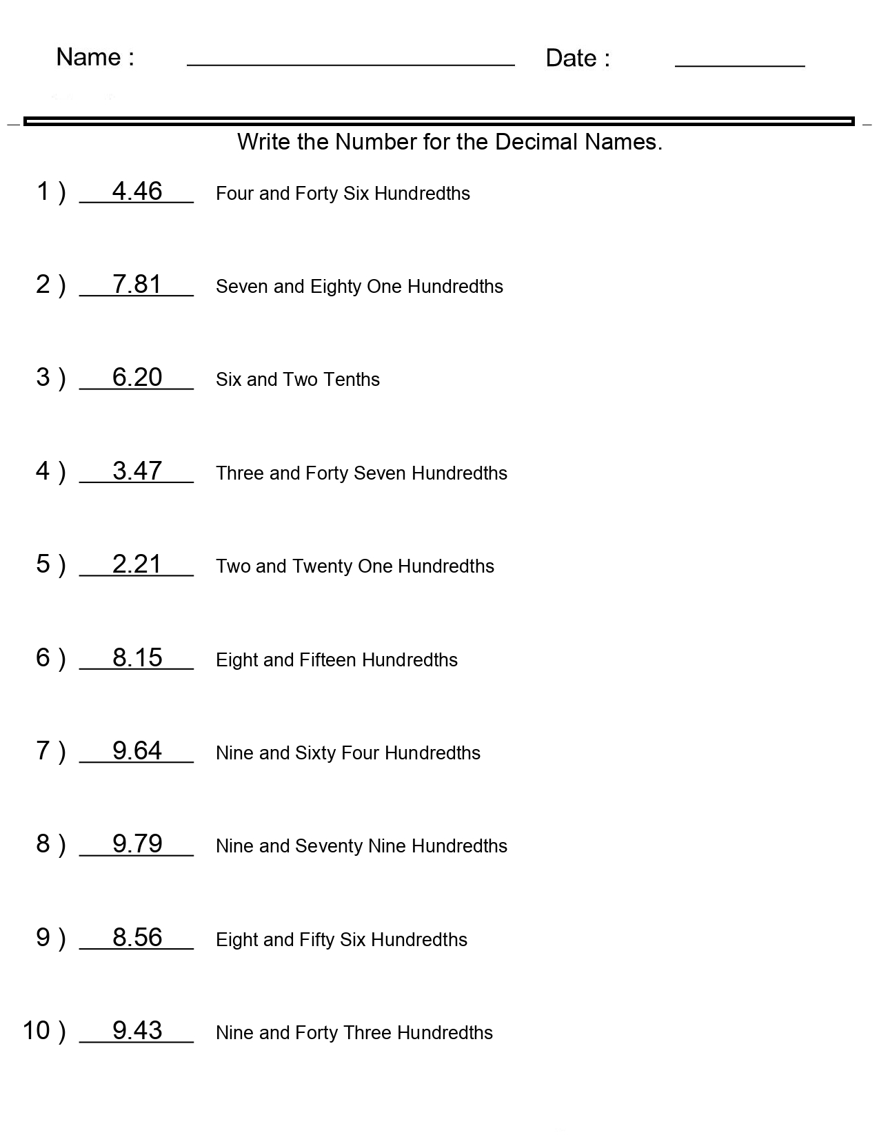 Place Value Worksheets Decimal Numbers For Word Names Worksheets Place Value Worksheets Decimal Numbers For Word Names Worksheets