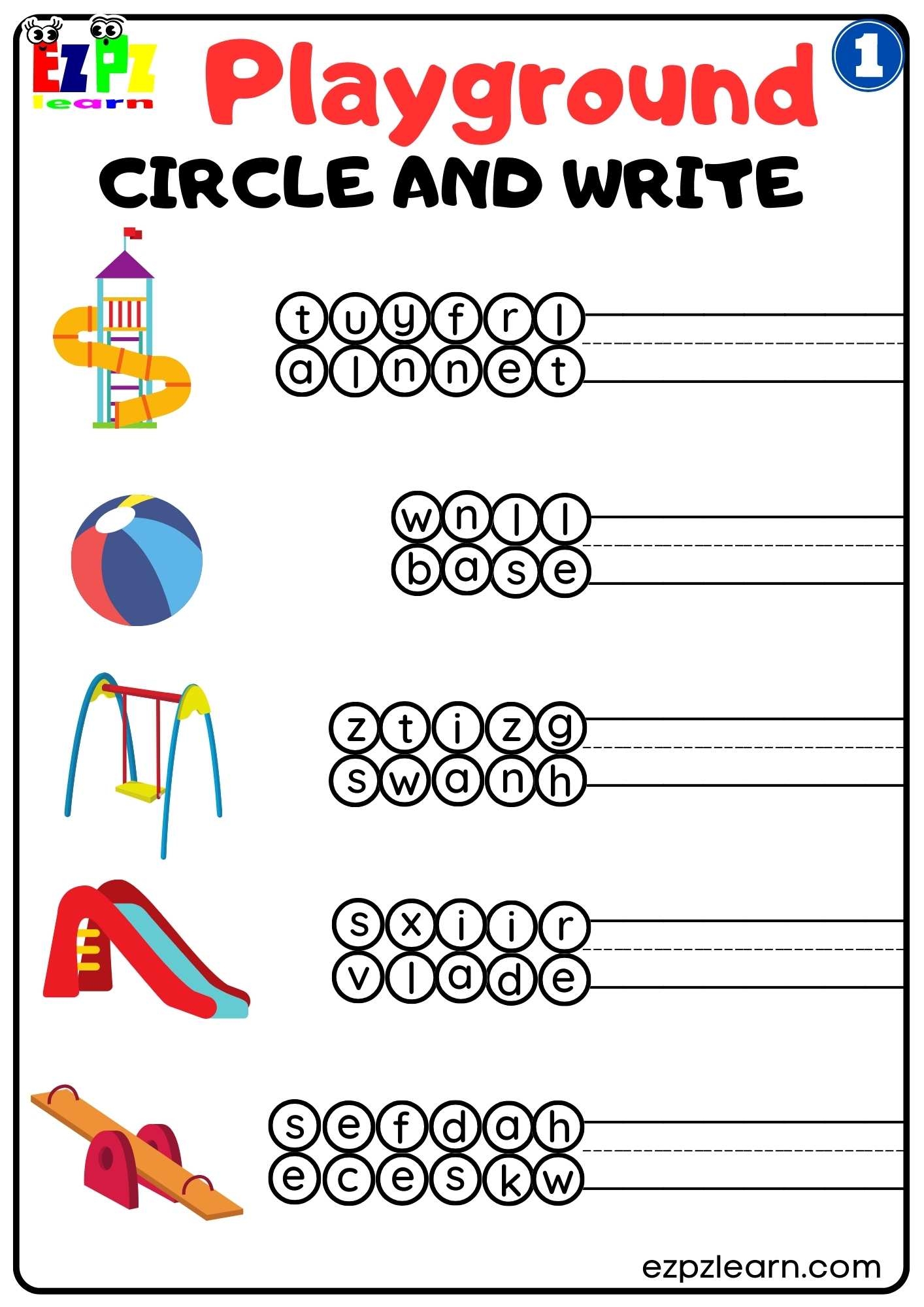 Playground 1 Circle And Write Worksheet For Kindergarten And ESL 