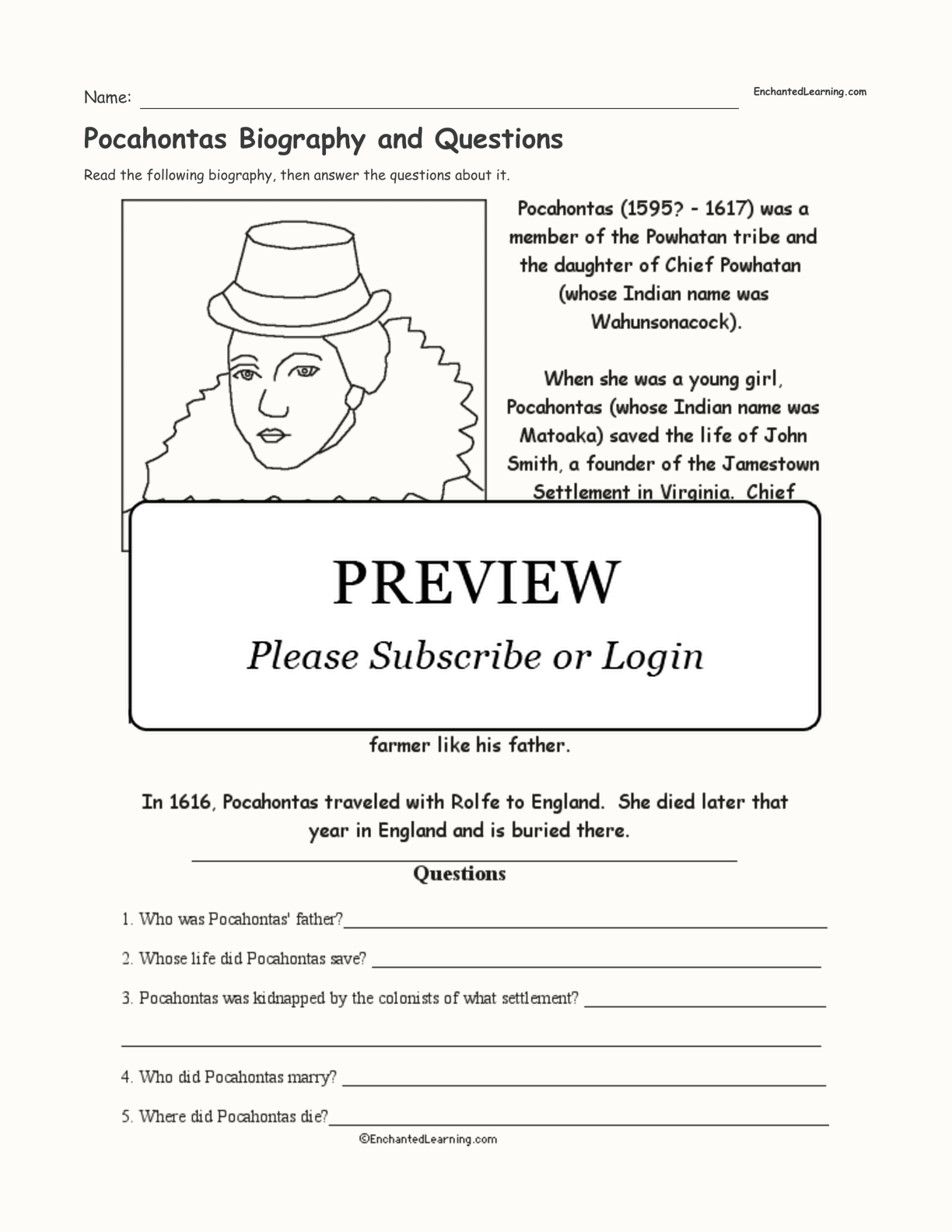 Free Kindergarten Pochantas Worksheets