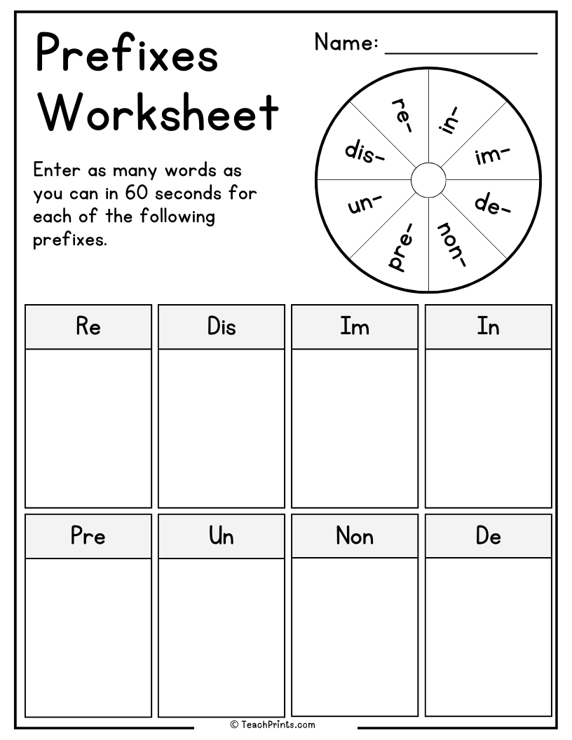 Free Printable Worksheet Prefix