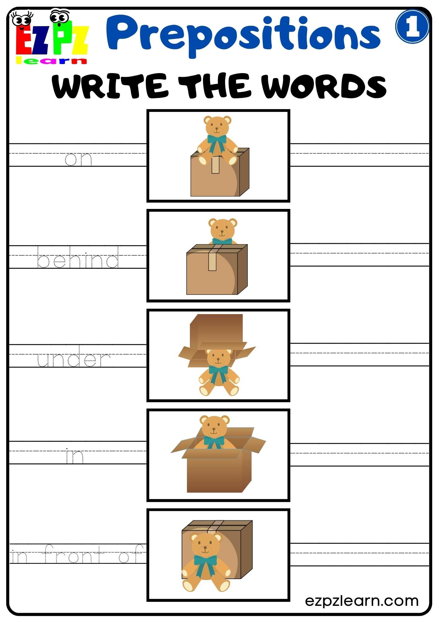 Prepositions Of Place Write The Words Worksheet For Kindergarten 