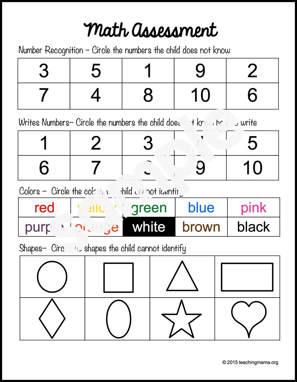 Math Assessment Worksheets For Kindergarten