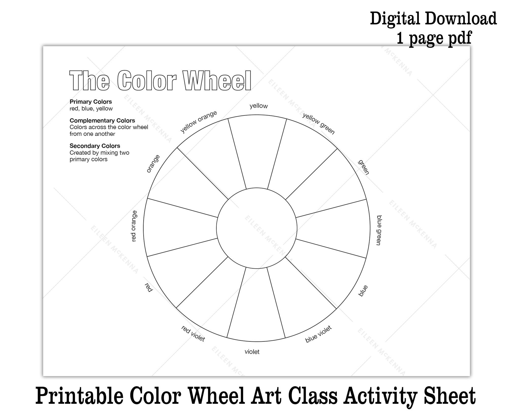 Printable Color Wheel Kids Art Class Activity Sheet Digital Download Coloring Sheet Black And White Color Theory Worksheet Etsy