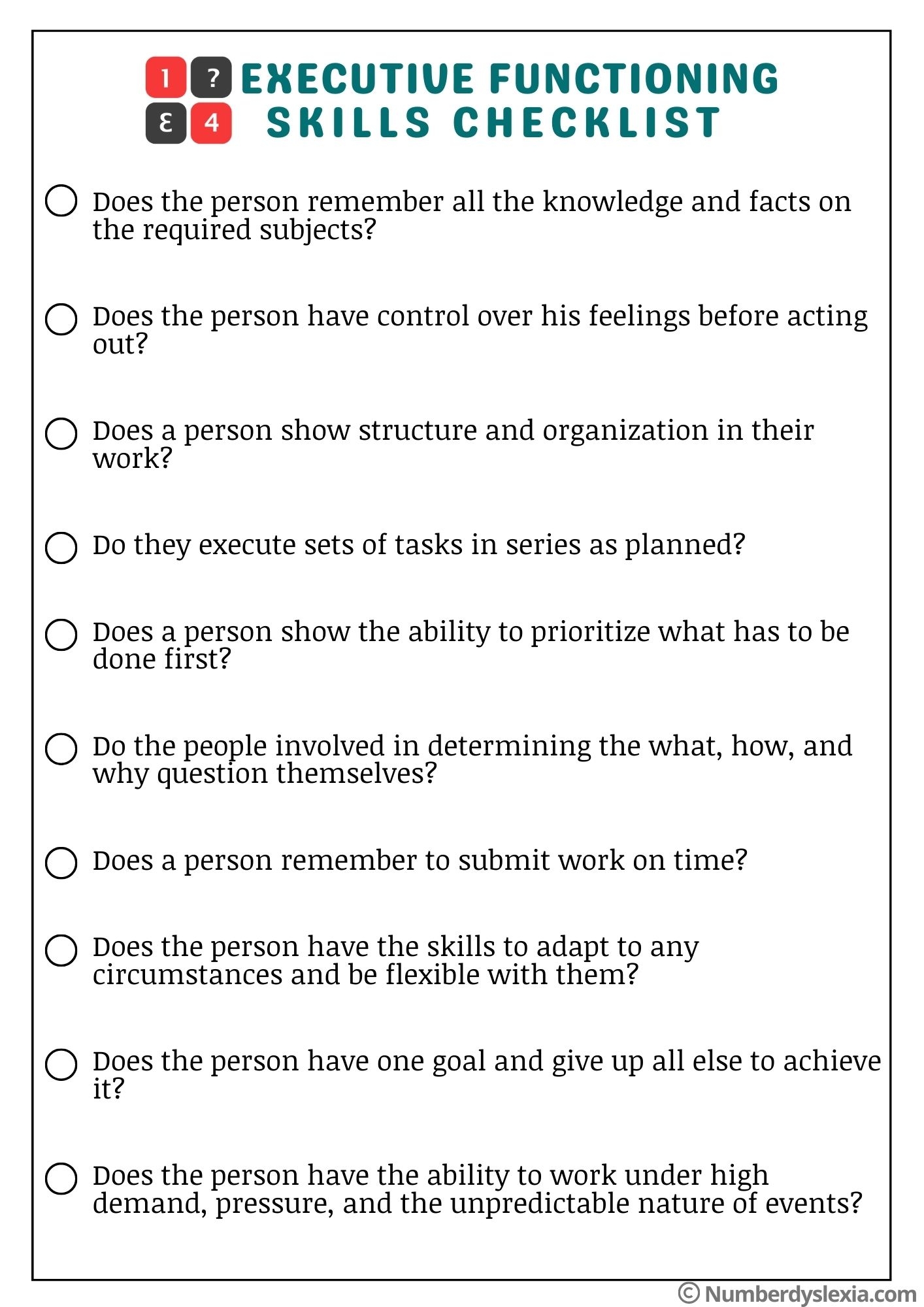 Printable Executive Functioning Skills Checklist PDF Included Number Dyslexia Printable Executive Functioning Skills Checklist PDF Included Number Dyslexia