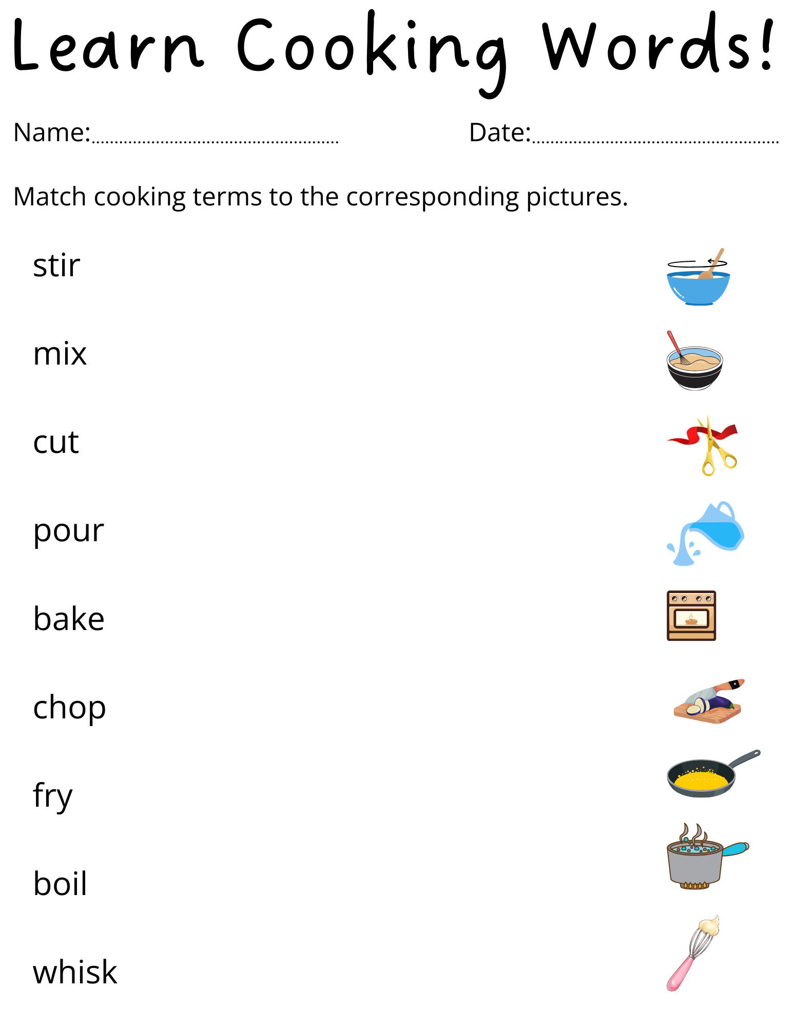 Printable Matching Cooking Terms Worksheet For Kids Teaching 