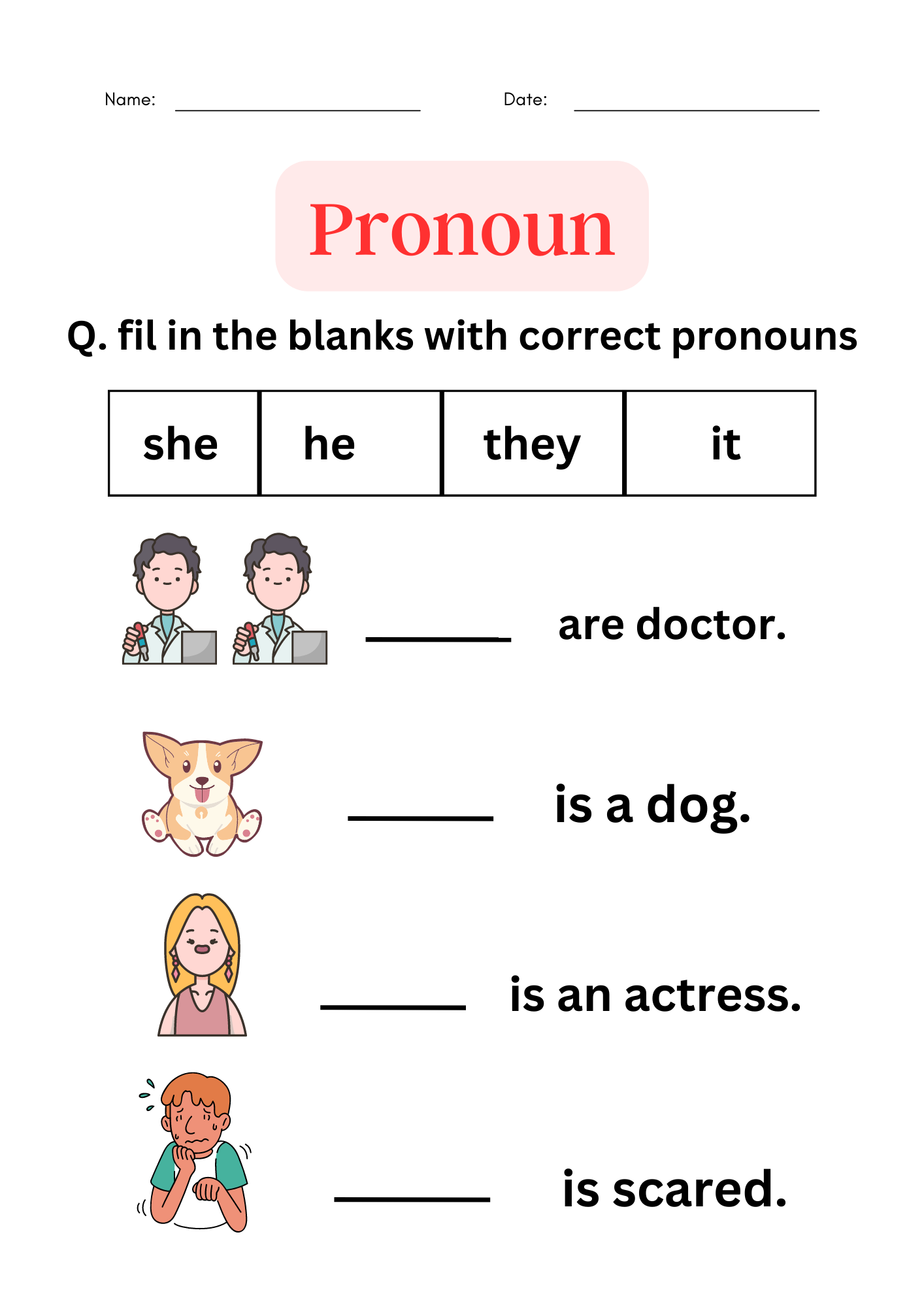 Pronoun Worksheets For Grade 1 2 3