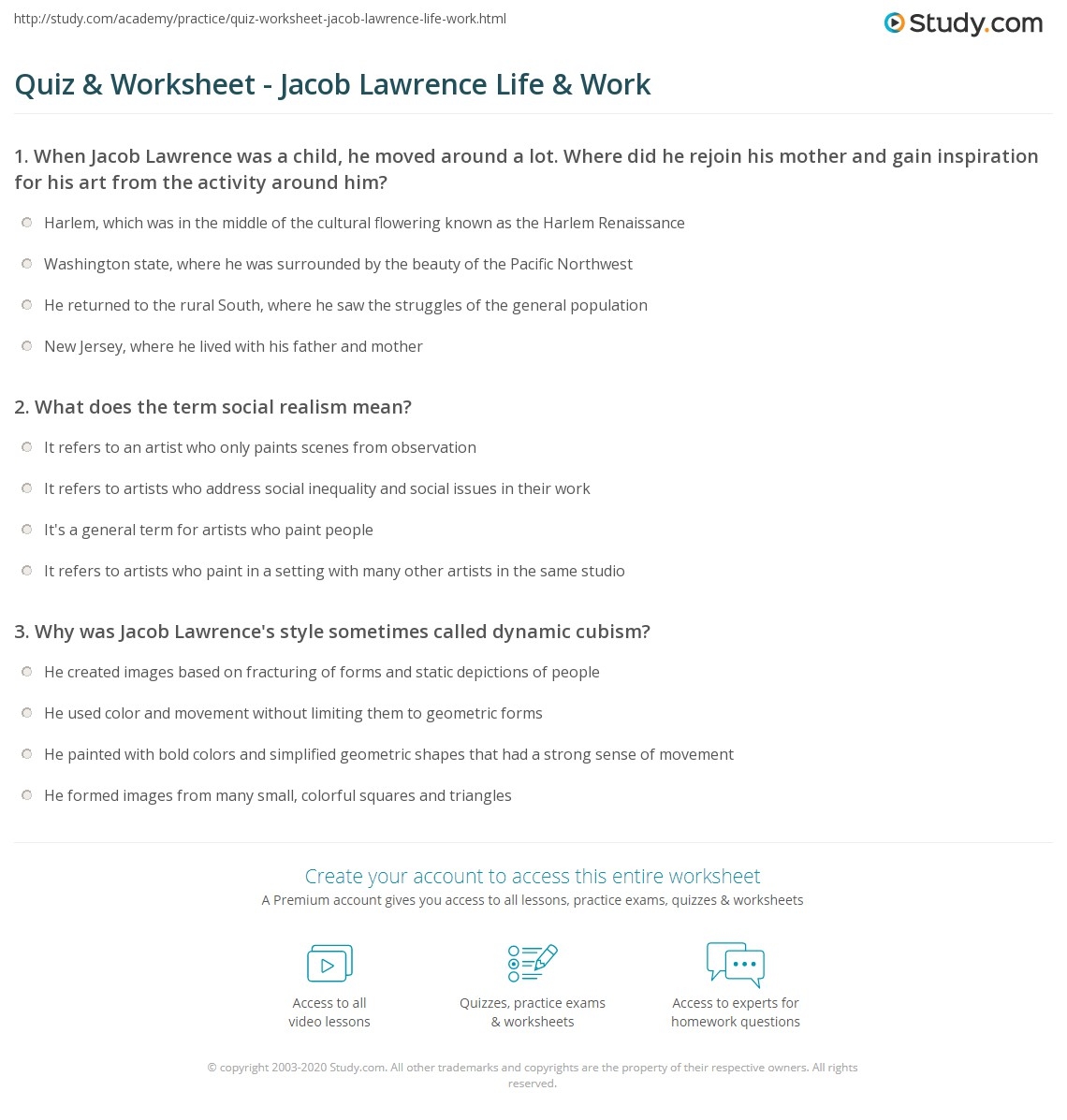 Quiz U0026 Worksheet Jacob Lawrence Life U0026 Work Study