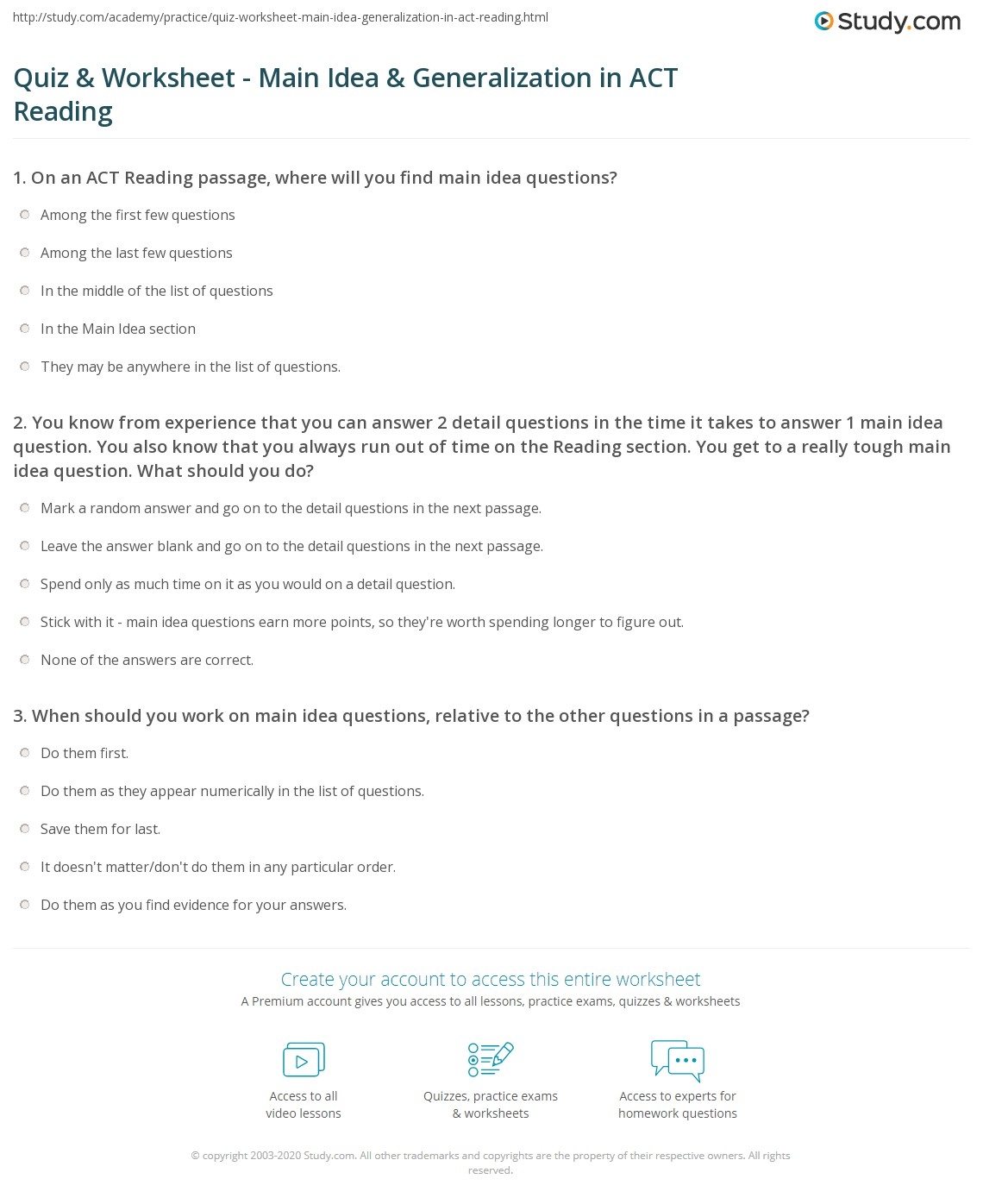 Quiz U0026 Worksheet Main Idea U0026 Generalization In ACT Reading Study