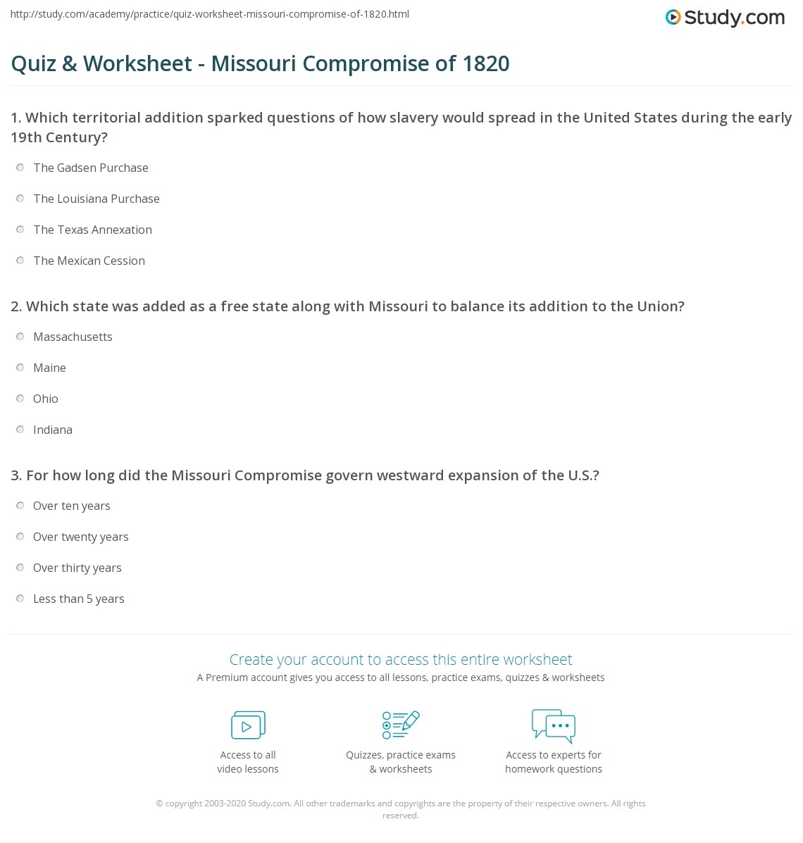 Quiz U0026 Worksheet Missouri Compromise Of 1820 Study