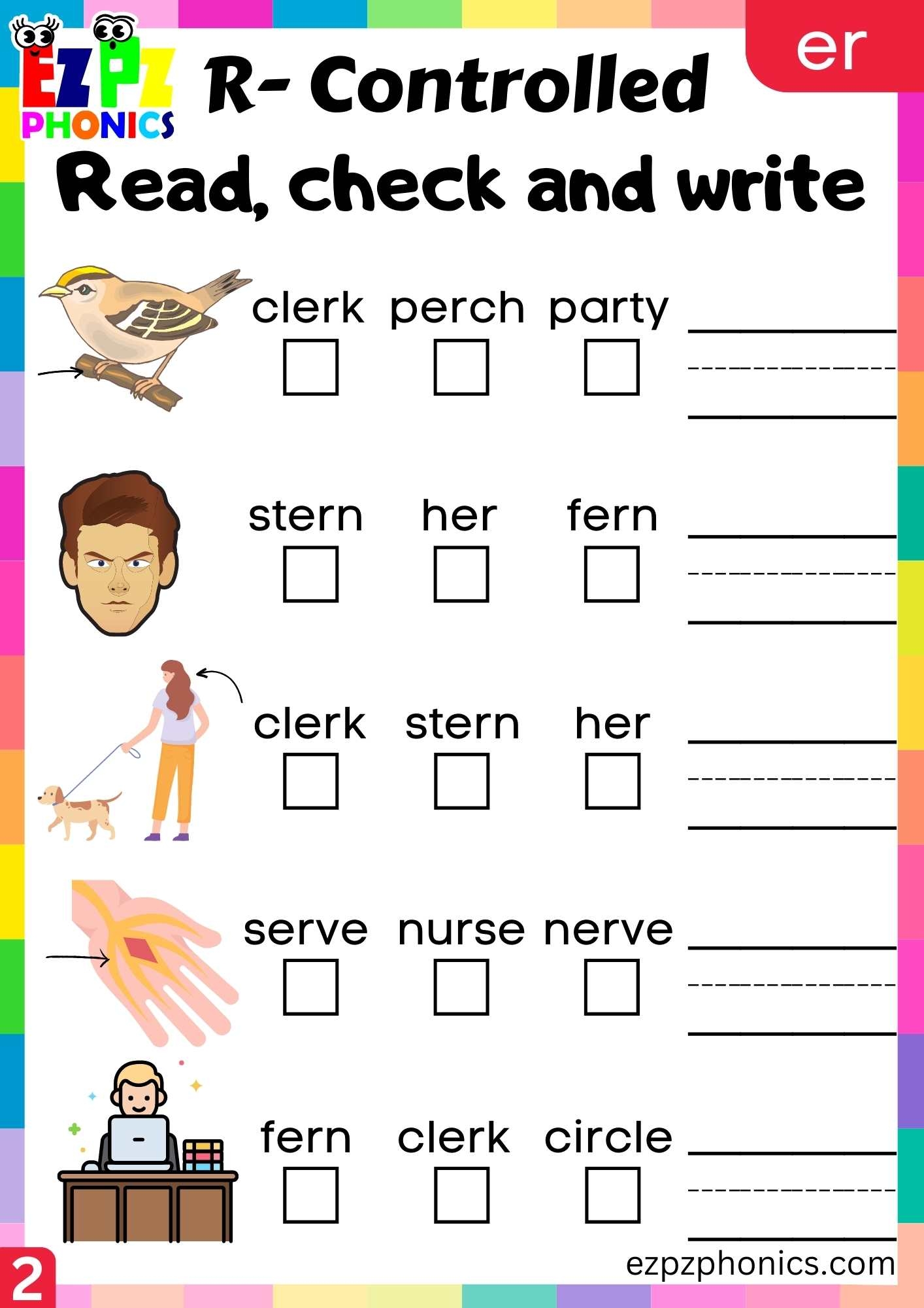 Read Check And Write Activity For Er Words R Controlled Vowels Phonics Group 2 Ezpzphonics